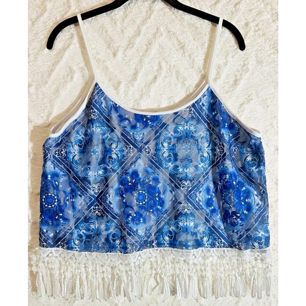 Rue 21 XL Western Festival Coquette Boho Floral Y2K Fringe Straps Crop Camisole